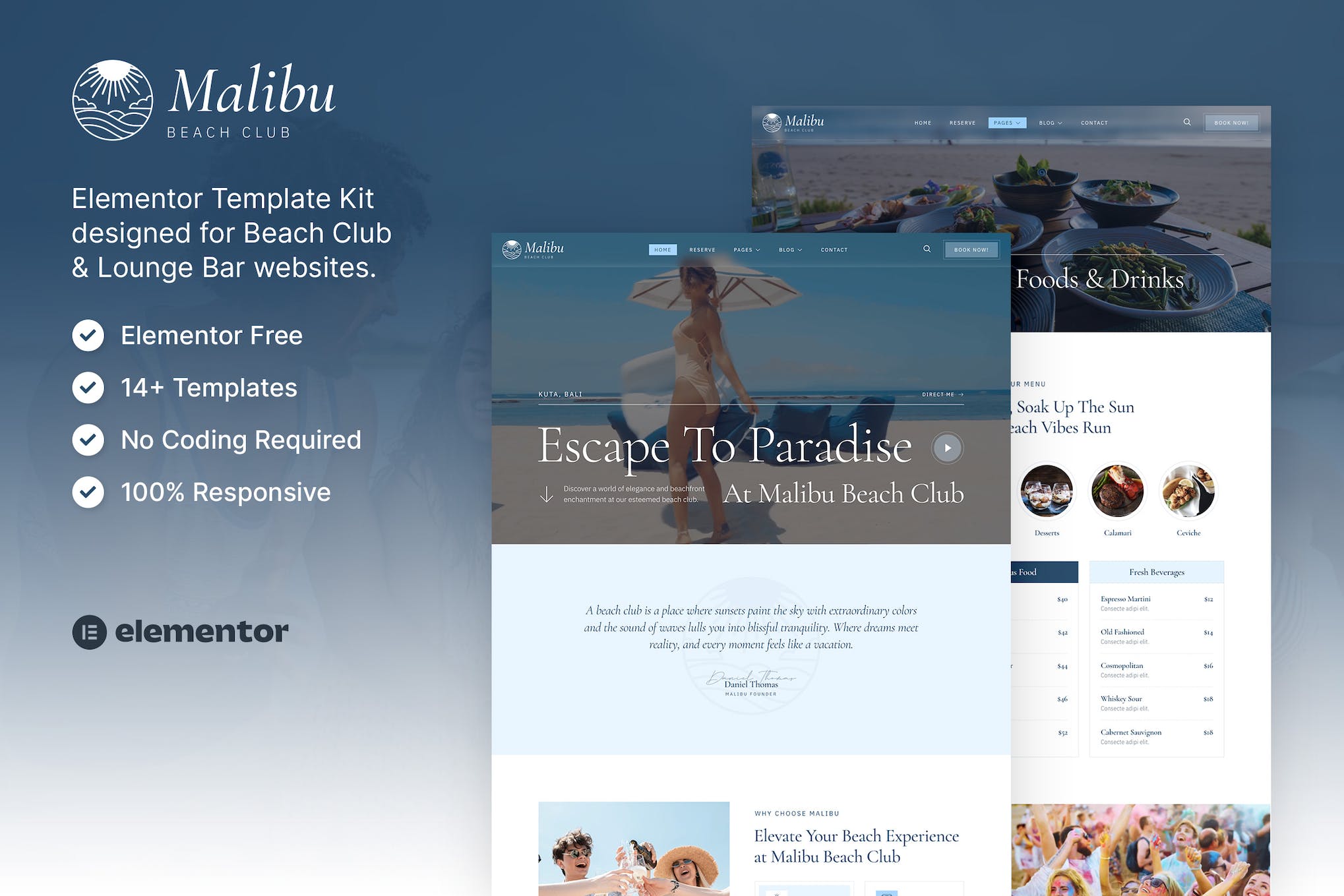 Malibu- Beach Club and Lounge Bar Elementor Template Kit