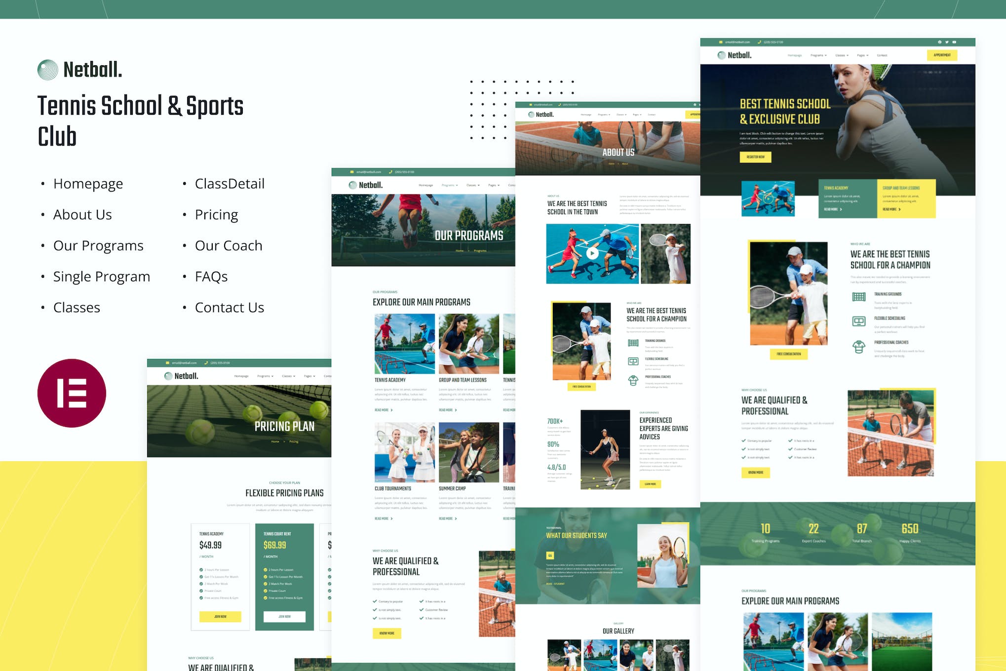 Netball- Tennis School and Sports Club Elementor Template Kit