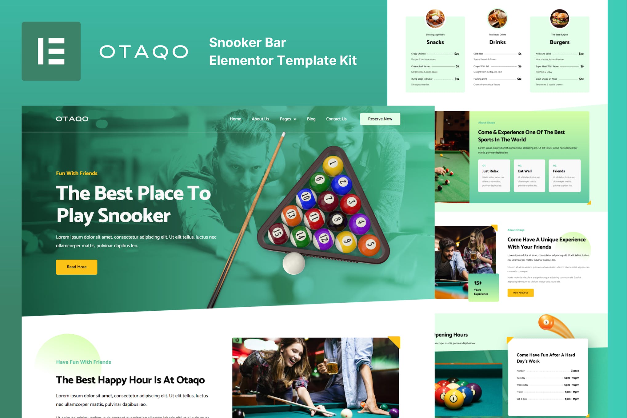 Otaqo- Snooker and Pool Bar Elementor Template Kit