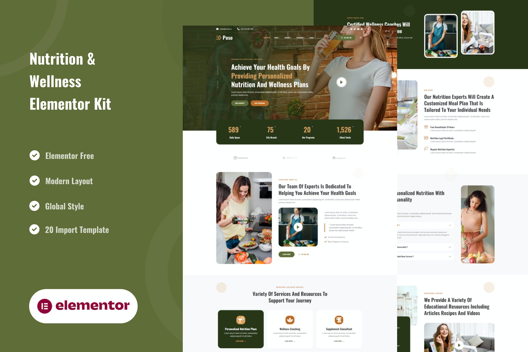 Poso- Personalized Nutrition and Wellness Elementor Template Kit