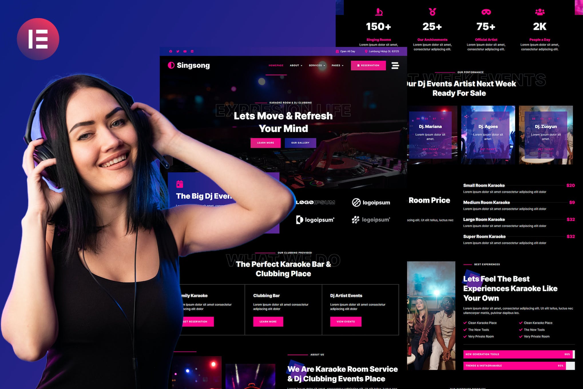 Singsong- Karaoke Rooms and Dj Clubbing Elementor Template Kit