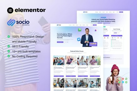 SocioAcademy- Social Media Management Course Elementor Template Kit