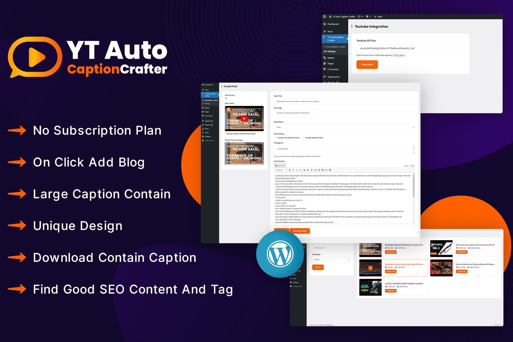 YTCaptionCrafter Video Content Generator WP Plugin 1.0