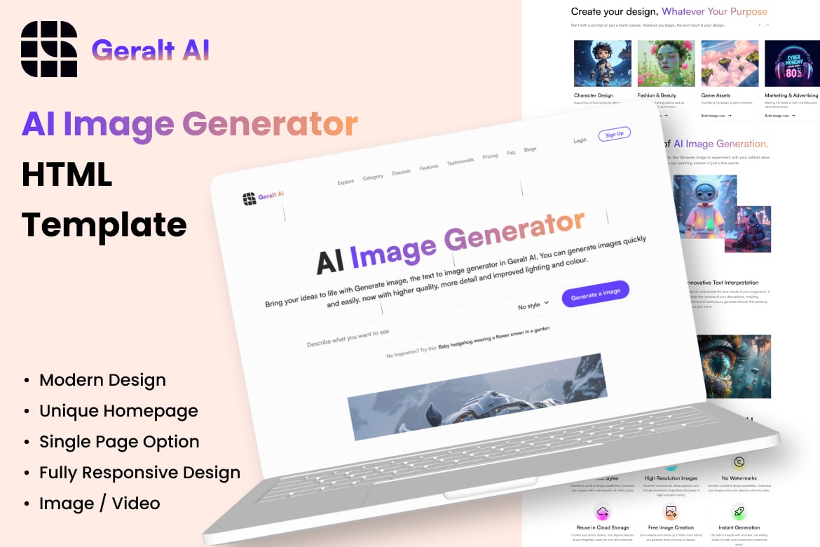 AI Image Generator One Page HTML Template - Geralt