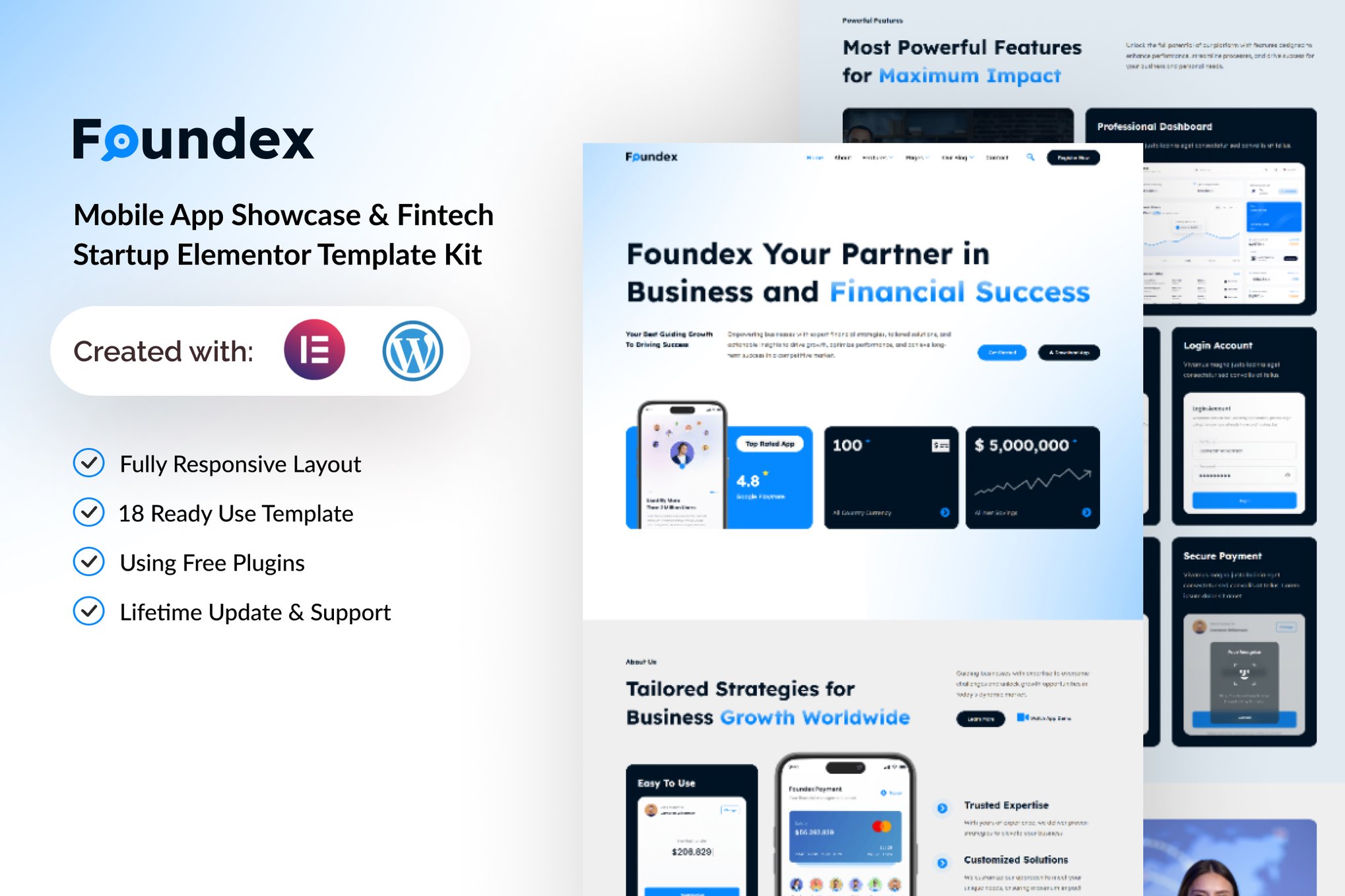Foundex- Mobile App Showcase & Fintech Startup Elementor Template Kit