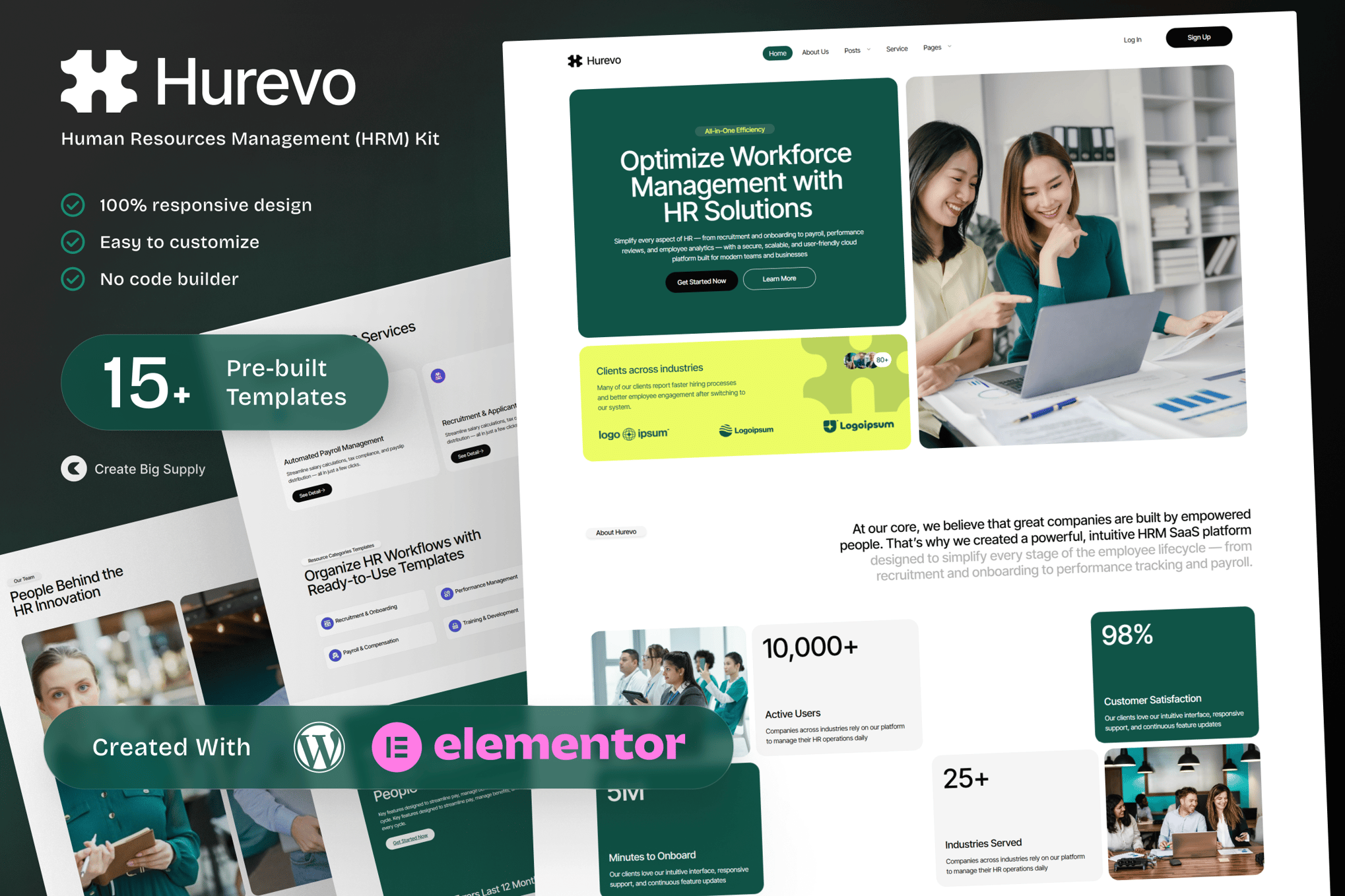 Hurevo- Human Resources Management SaaS Elementor Template Kit for HR Platforms