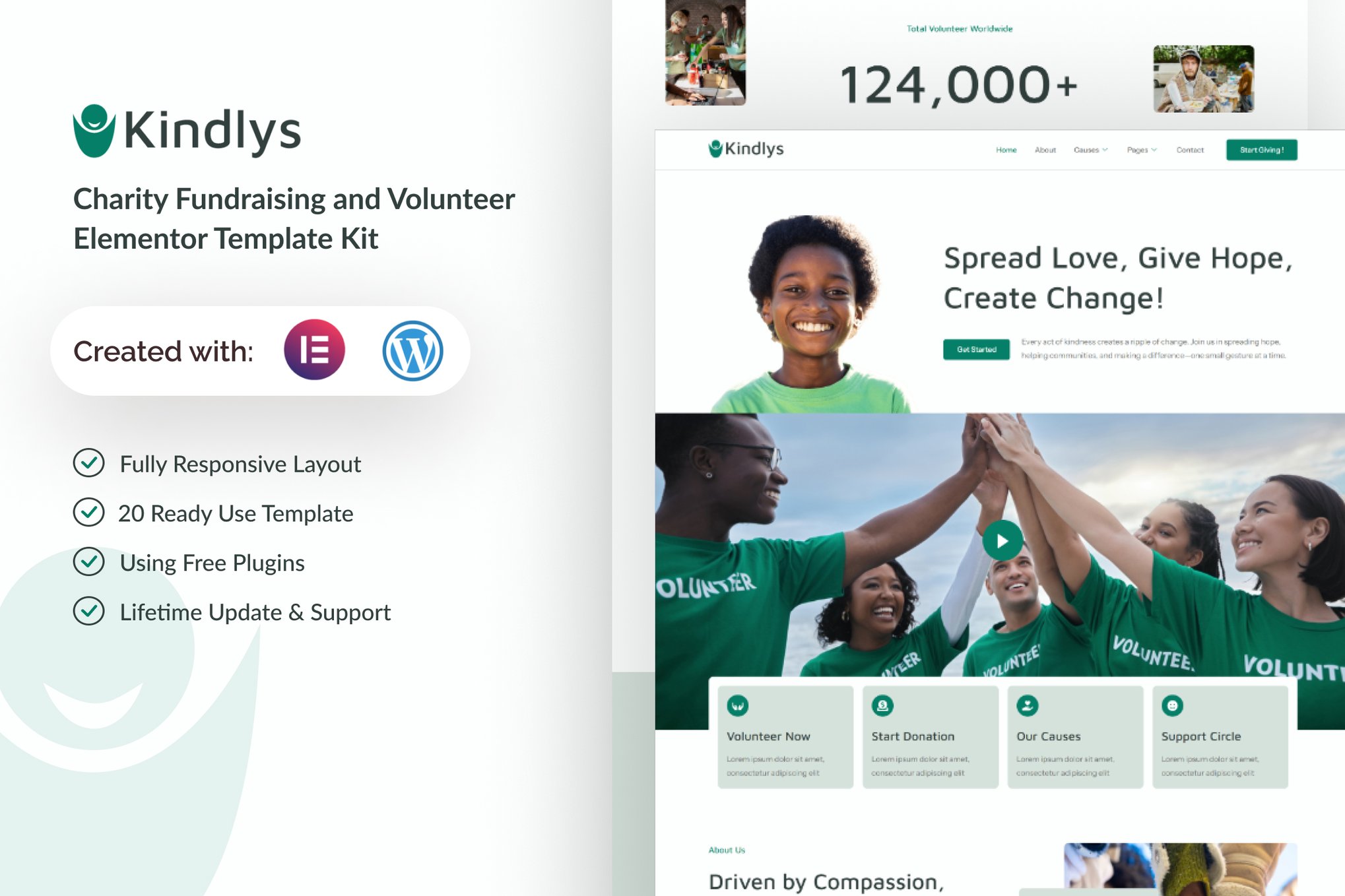Kindlys- Charity Fundraising & Volunteer Elementor Template Kit