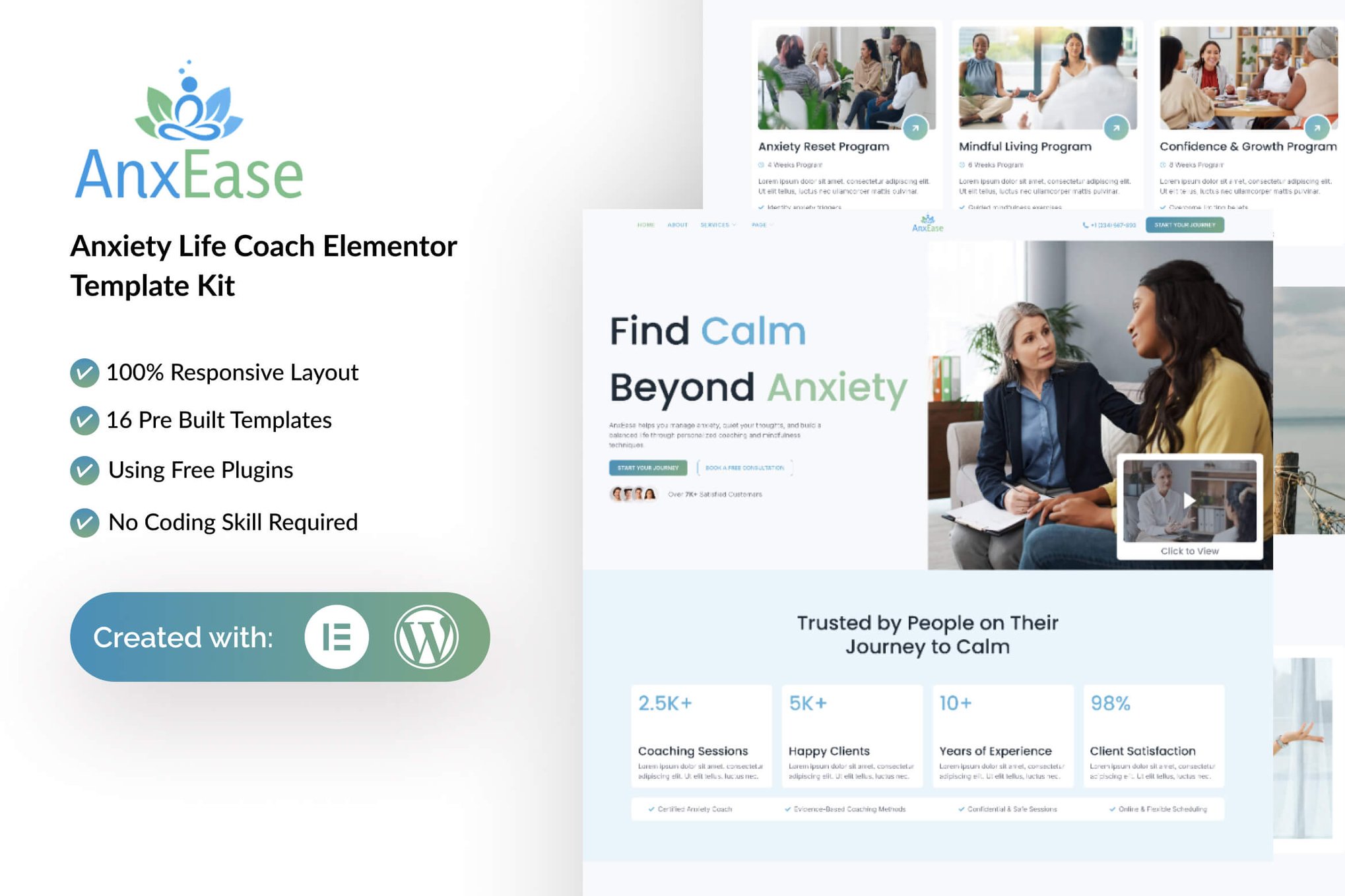 AnxEase – Anxiety Life Coach Elementor Template Kit