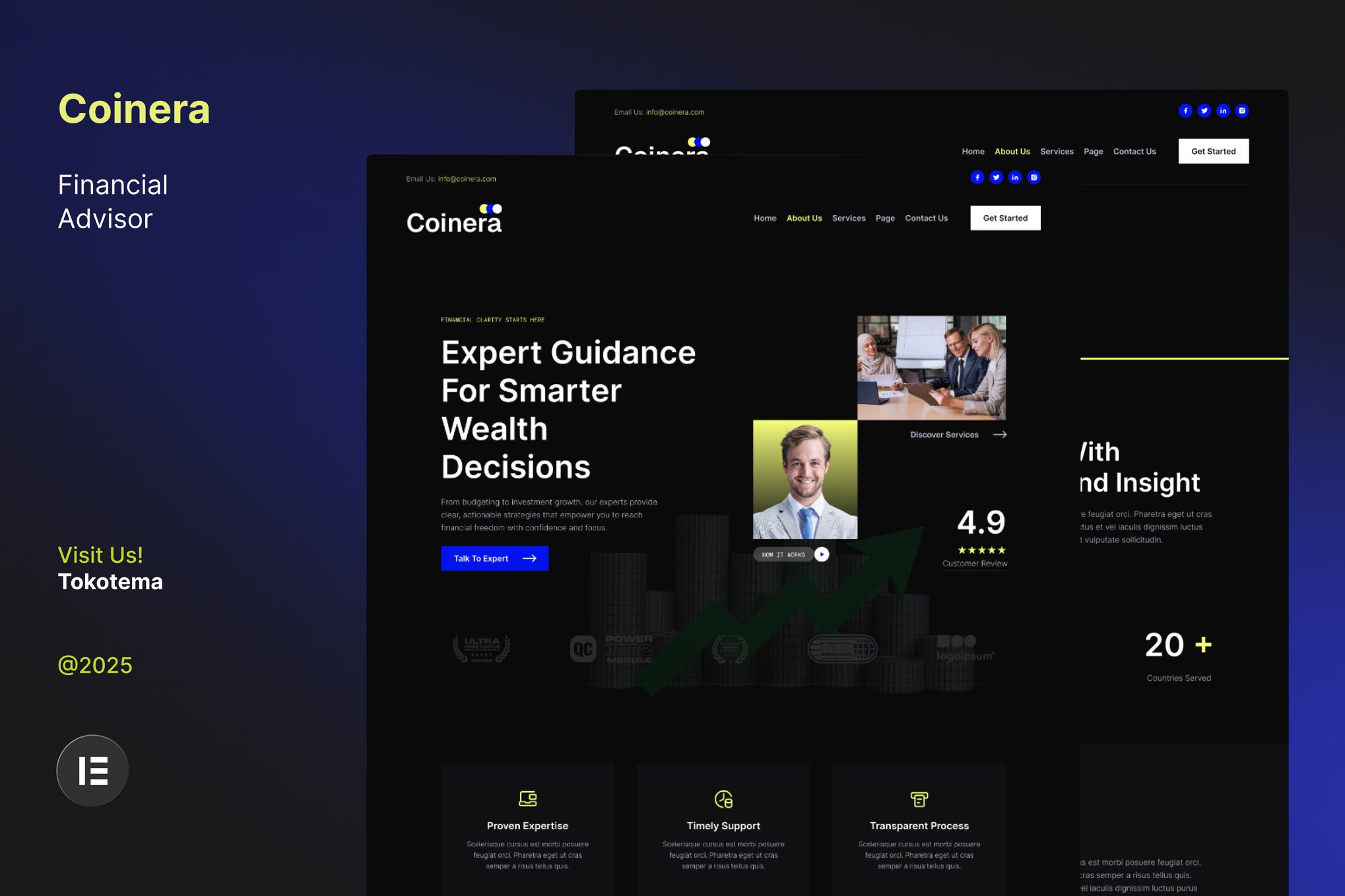 Coinera – Dark Financial Advisor & Coaching Website Elementor Template Kit