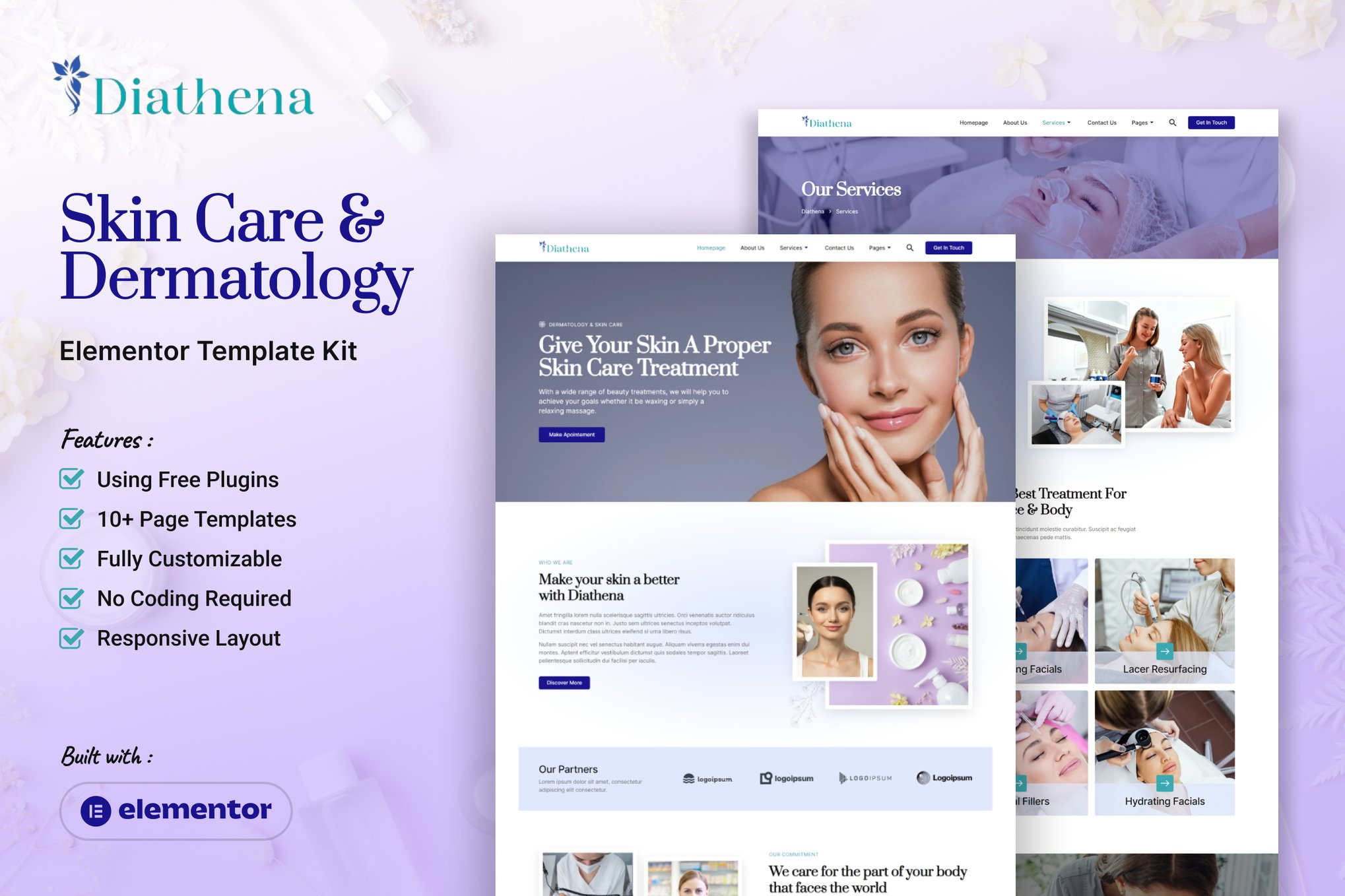 Diathena - Skin Care & Dermatology Elementor Template Kit