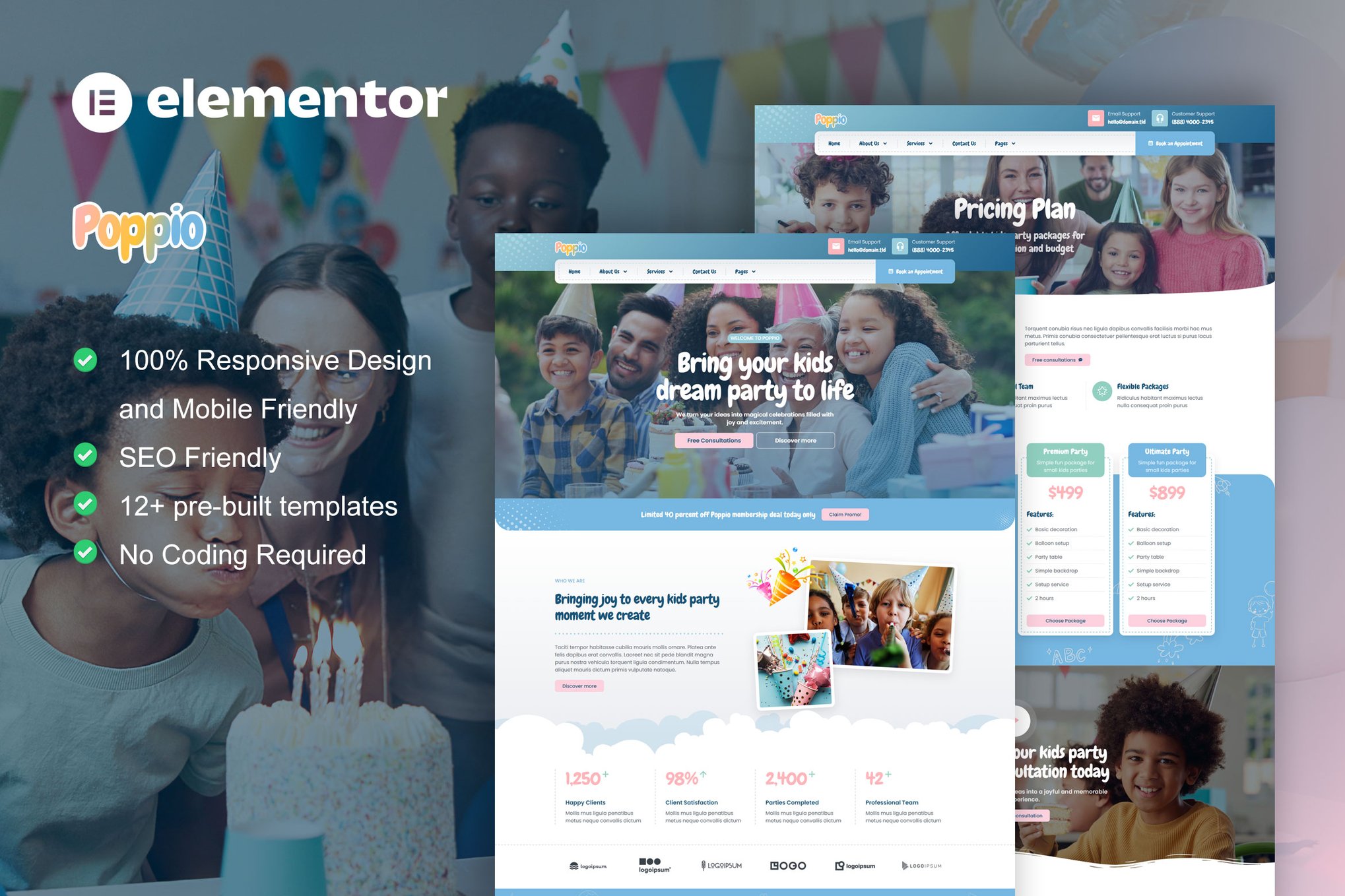 Poppio – Kids Party Planner Elementor Pro Template Kit