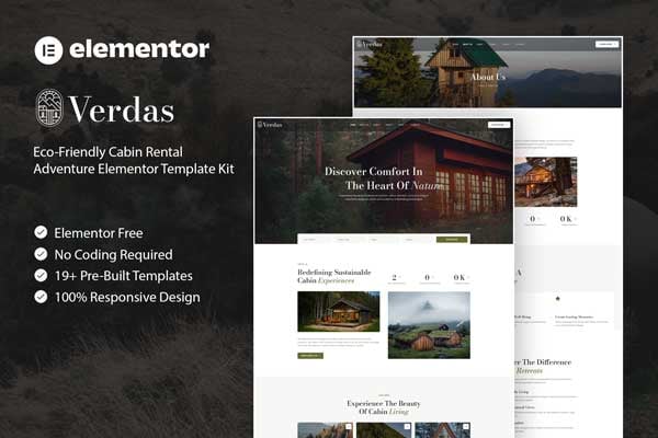 Verdas – Eco-Friendly Cabin Rental Adventure Elementor Template Kit