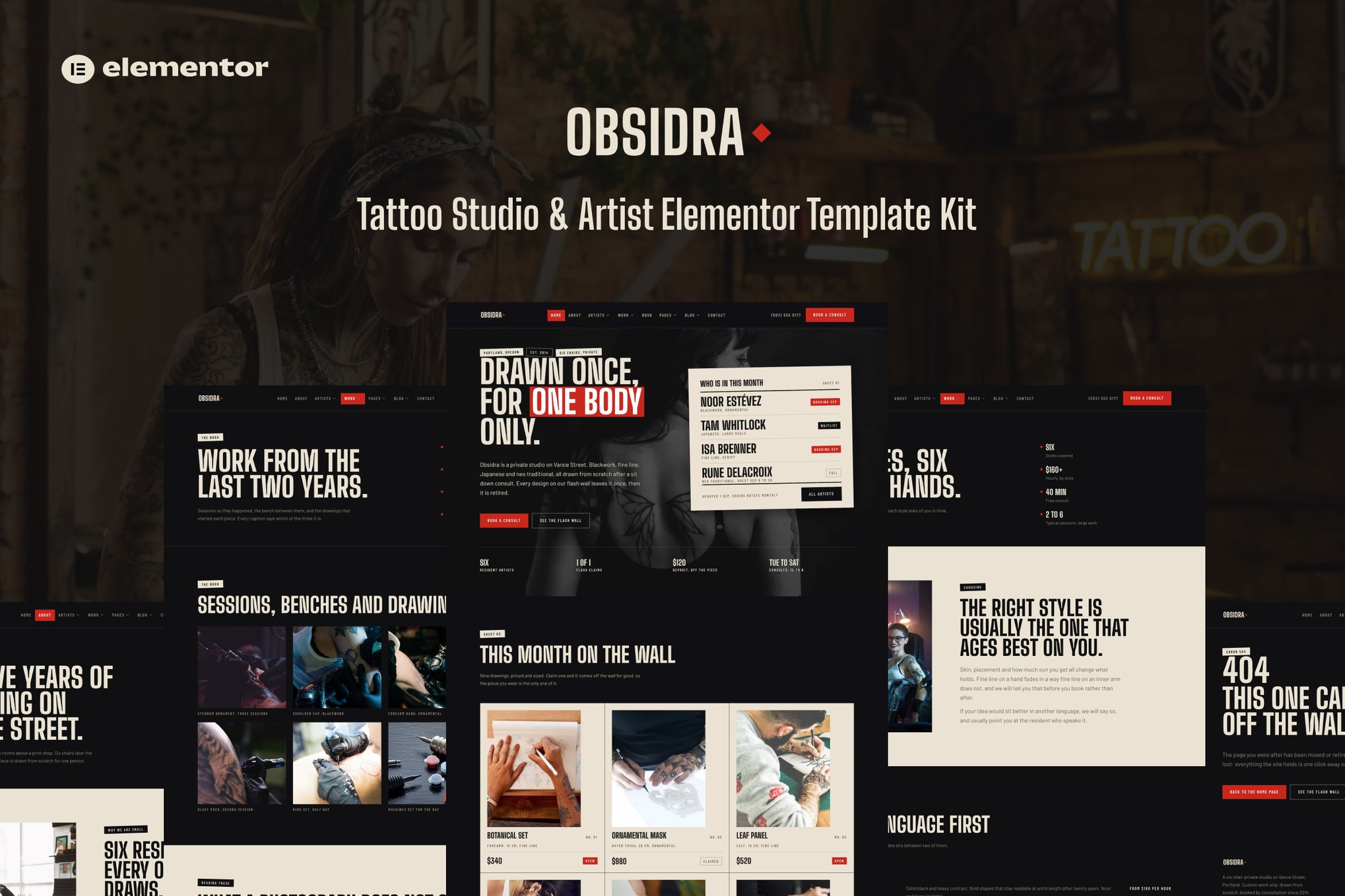 Obsidra – Tattoo Studio & Artist Elementor Template Kit
