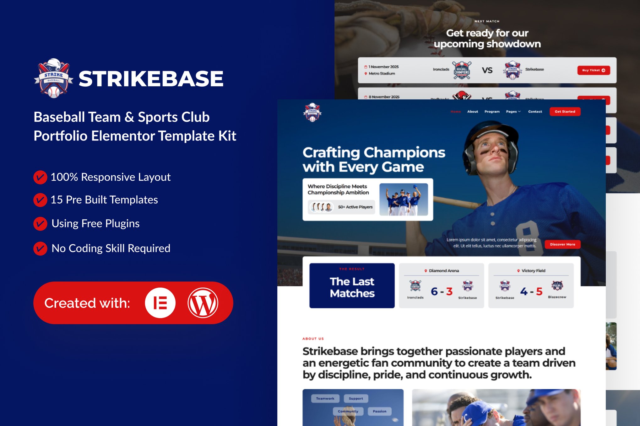 StrikeBase – Baseball Team & Sport Club Elementor Template Kit