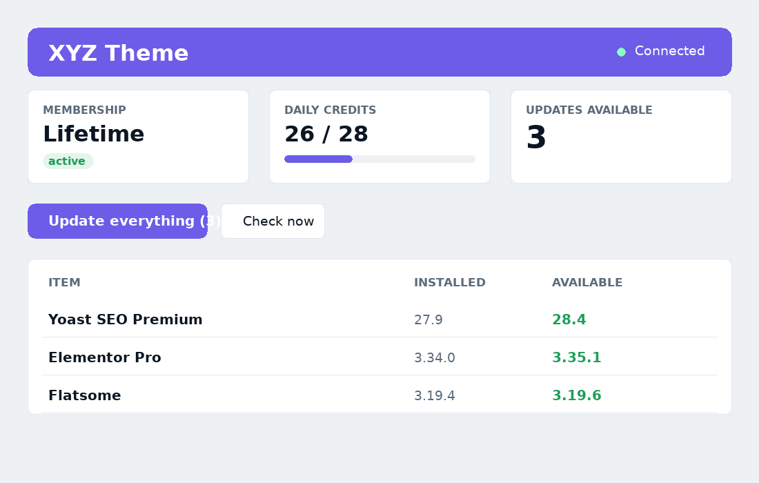 XYZTheme Updater dashboard
