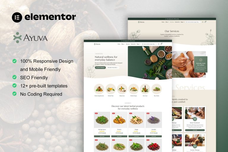 Ayuva – Ayurveda Treatment & WooCommerce Store Elementor Pro Template Kit