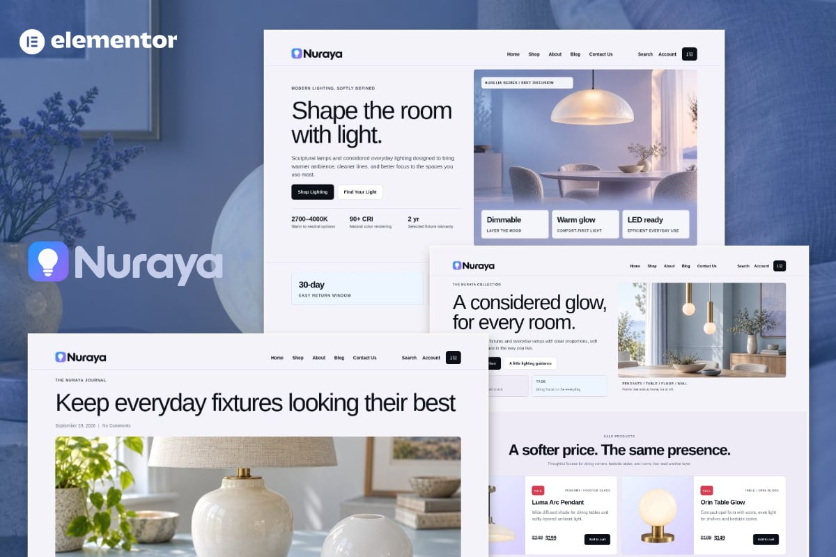 Nuraya – Lighting & Lamps Shop eCommerce Elementor Pro Template Kit